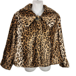 Laura Ashley Cropped Faux Fur Leopard Jacket Size PL Mob Wife Luxury Glam Boho